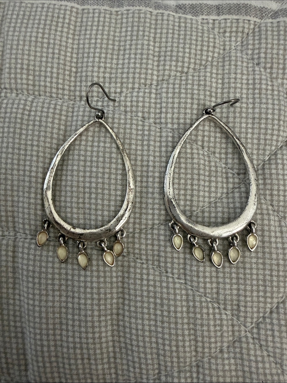 Lucky Silver Teardrop Dangle Earrings with Cream Accents